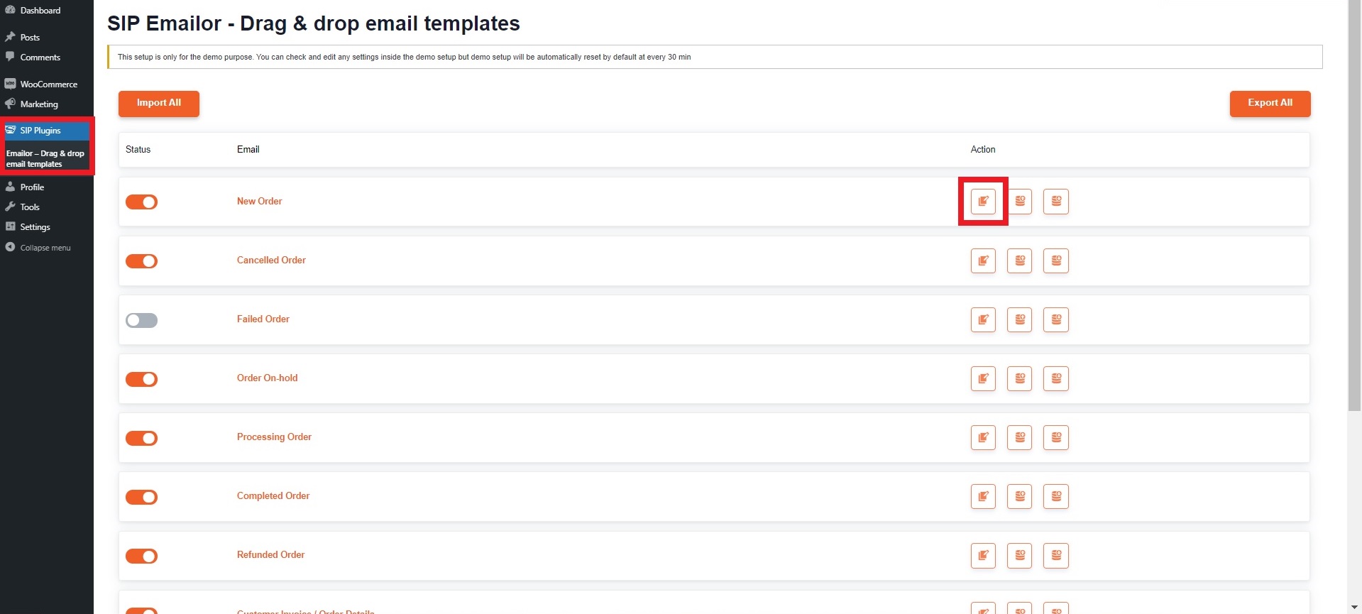 2. Click the Edit icon of the email template that you can to customize.