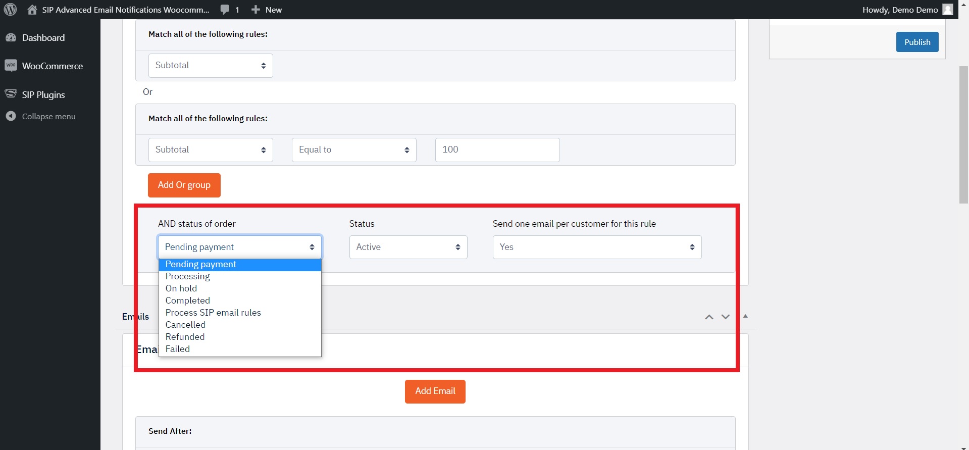 Next, you can configure the rule based on the status of the order