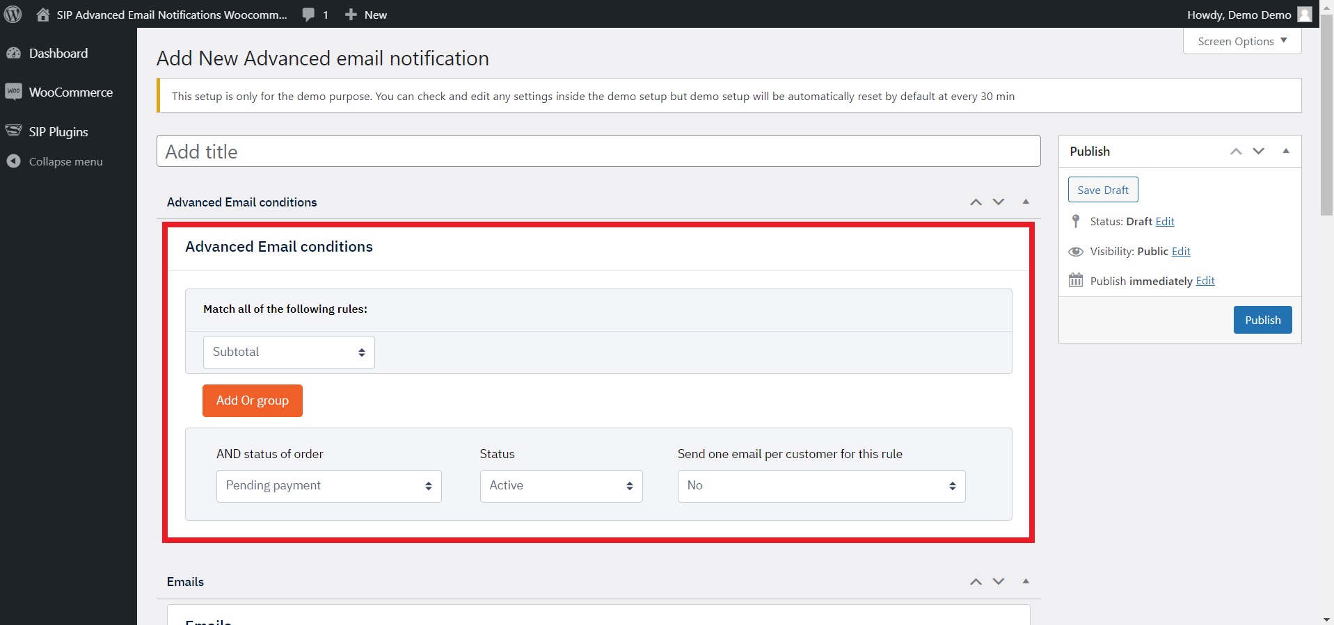 Now, you will see a new page, showing options for adding advanced email conditions.